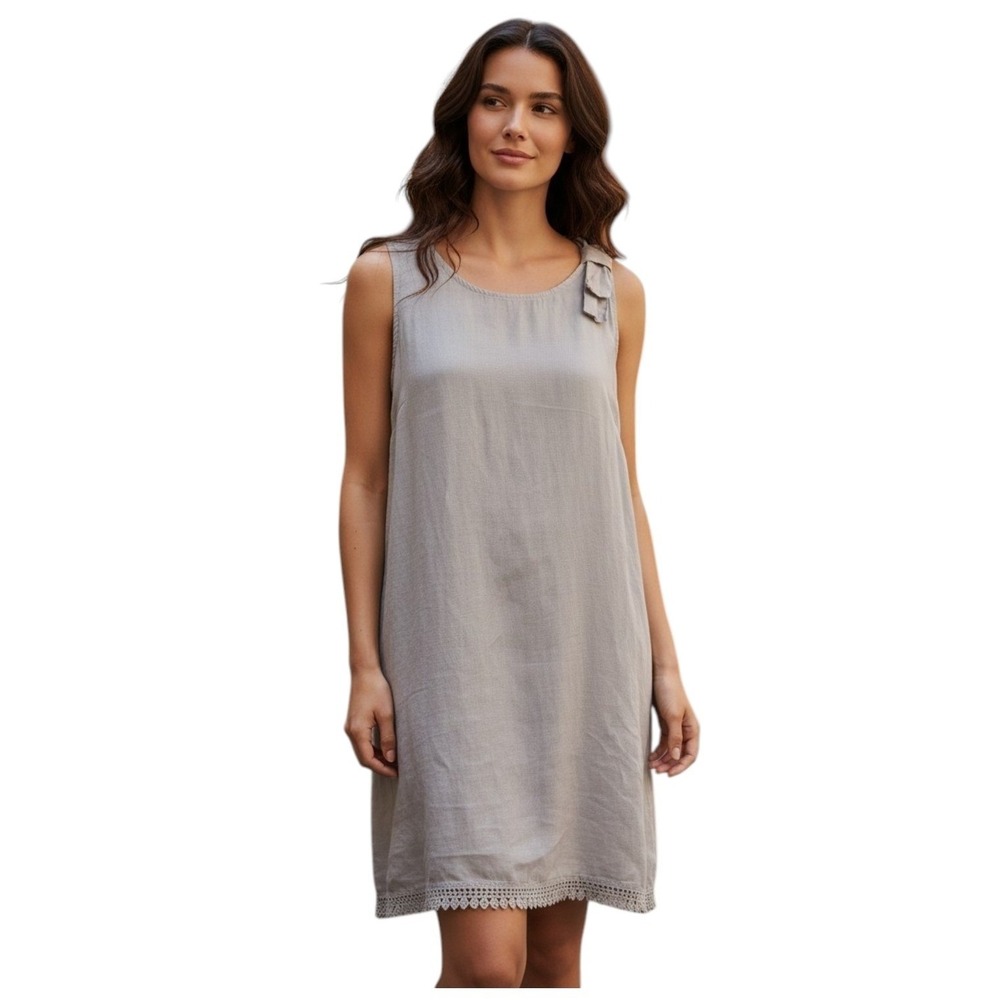 Bellambra 100% Linen Made in Italy Gray Shift Dress Crochet Hem Minimalist - M